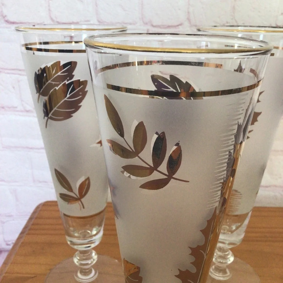 Vintage Libbey Frosted Golden Foliage Pilsner Beer Wine Glasses - Set of 6 - Picture 2 of 8